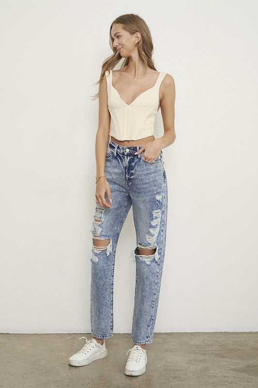 Distressed High-Rise Relaxed Boyfriend Jeans in LIGHT - high waist, lace - detail view