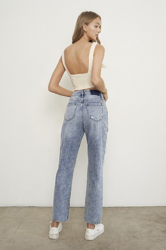 Distressed High-Rise Relaxed Boyfriend Jeans in LIGHT - high waist, lace - view 5