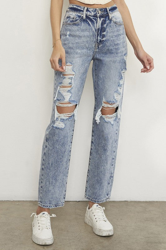 Distressed High-Rise Relaxed Boyfriend Jeans in LIGHT - high waist, lace - view 7