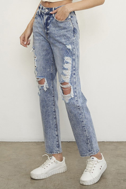 Distressed High-Rise Relaxed Boyfriend Jeans in LIGHT - high waist, lace - view 8