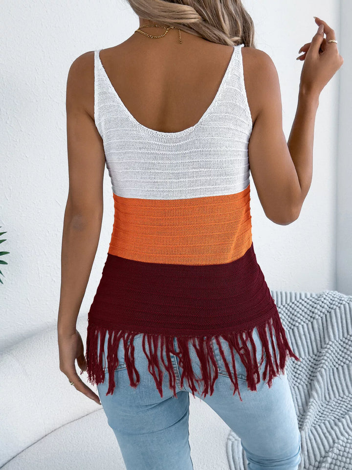 Color block fringe hem knit cami with V-neck