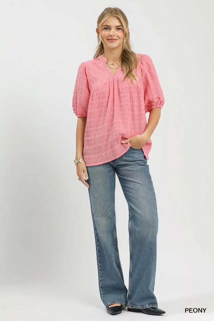 Textured puff sleeve blouse with lace-trim split neck