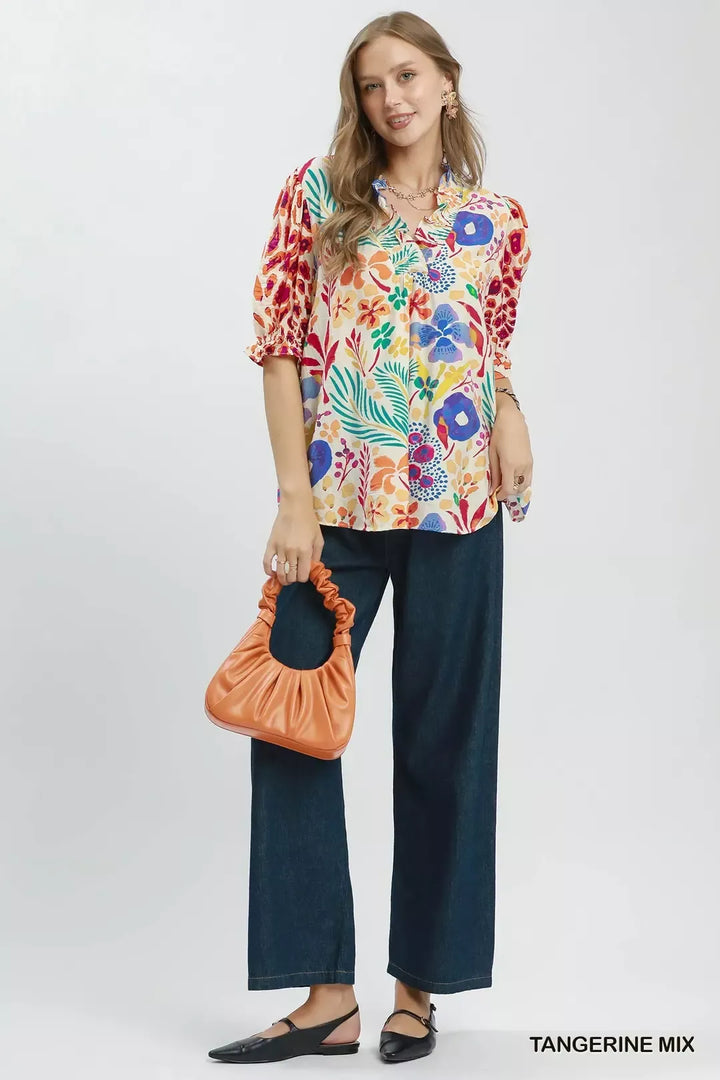 Floral print V-neck puff sleeve blouse with ruffle trim