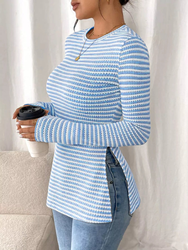 Slit-hem striped textured knit long sleeve top