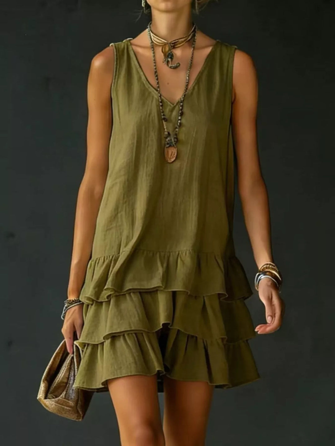 Green Tiered ruffle hem V-neck sleeveless mini dress