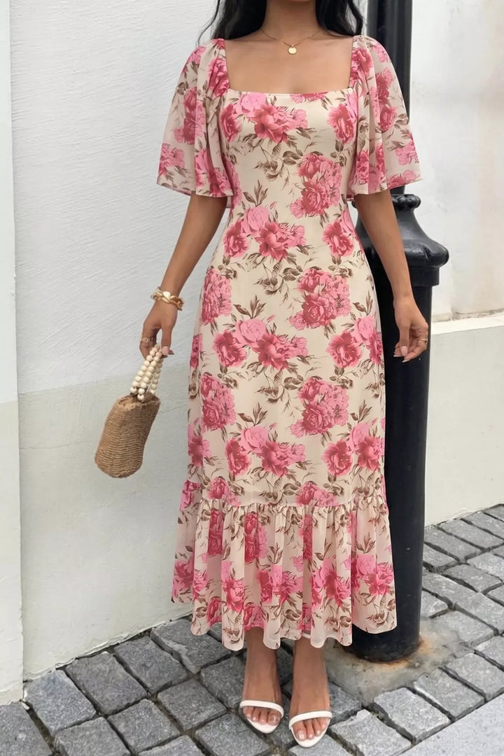 Floral print flutter sleeve square neck midi dress