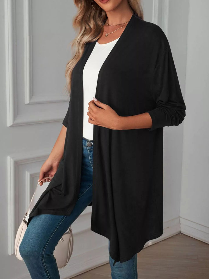 Lightweight open front cardigan with draped waterfall hem