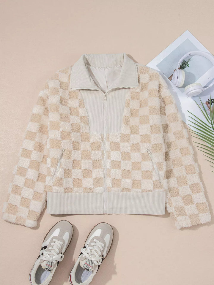 Checkered sherpa zip-up jacket with corduroy collar and trim