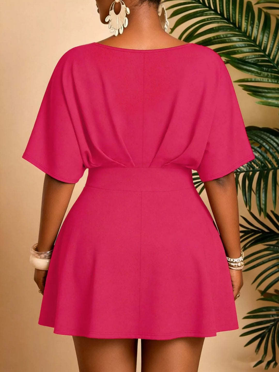 Plus size V-neck batwing sleeve fit-and-flare mini dress