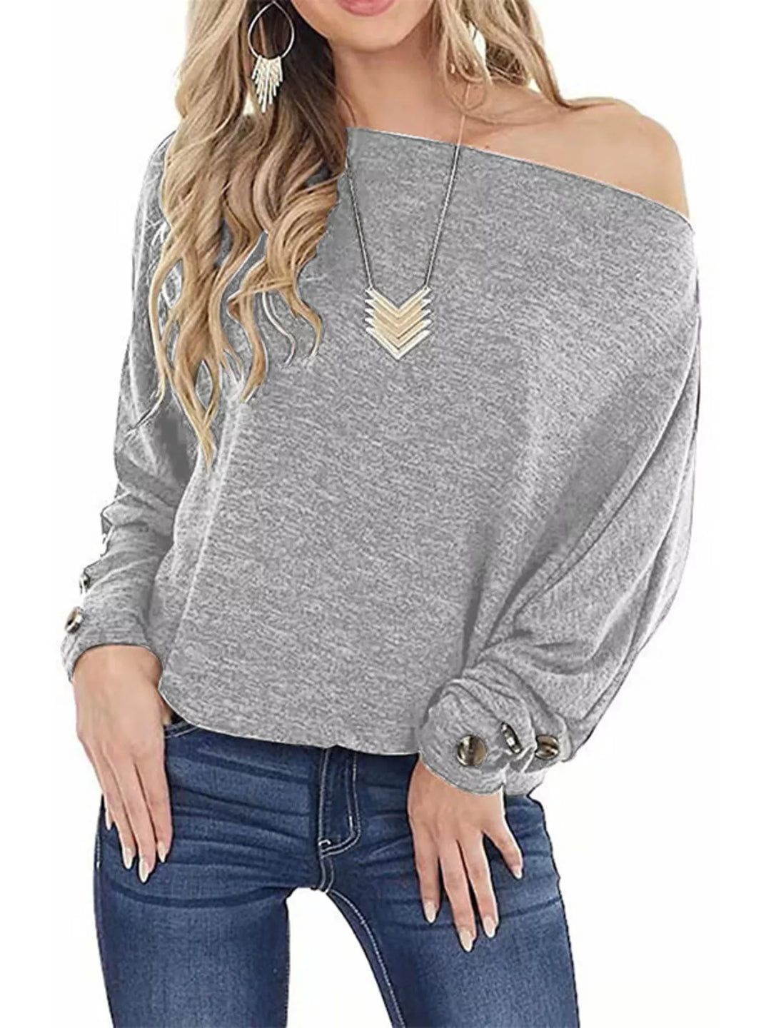 Gray One-shoulder long sleeve top with button-cuff detail