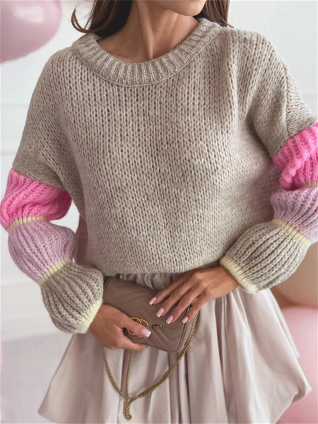 Color-block open-knit crew neck pullover sweater