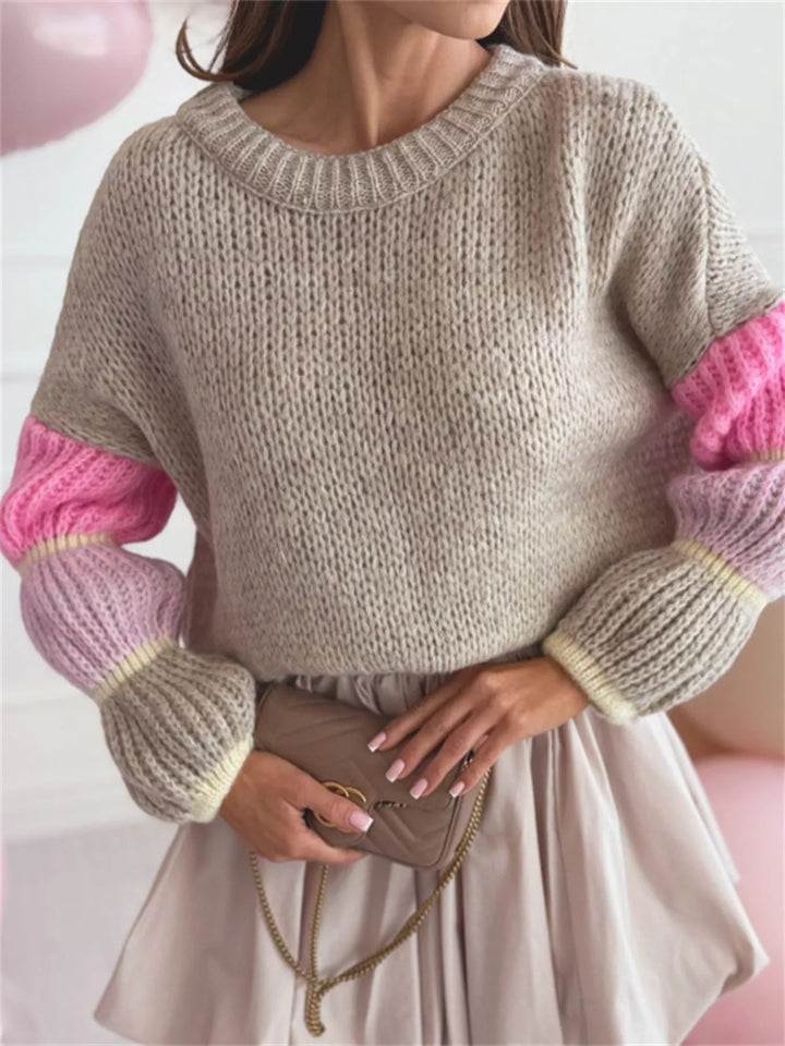 Color-block open-knit crew neck pullover sweater