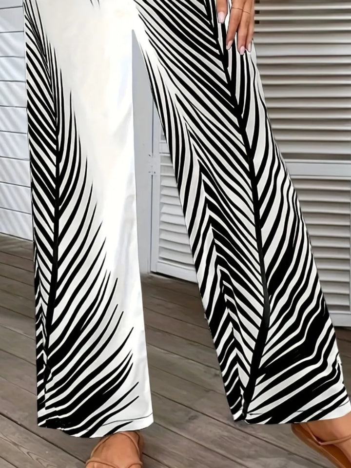 Tropical palm print wide leg pants with elastic waist