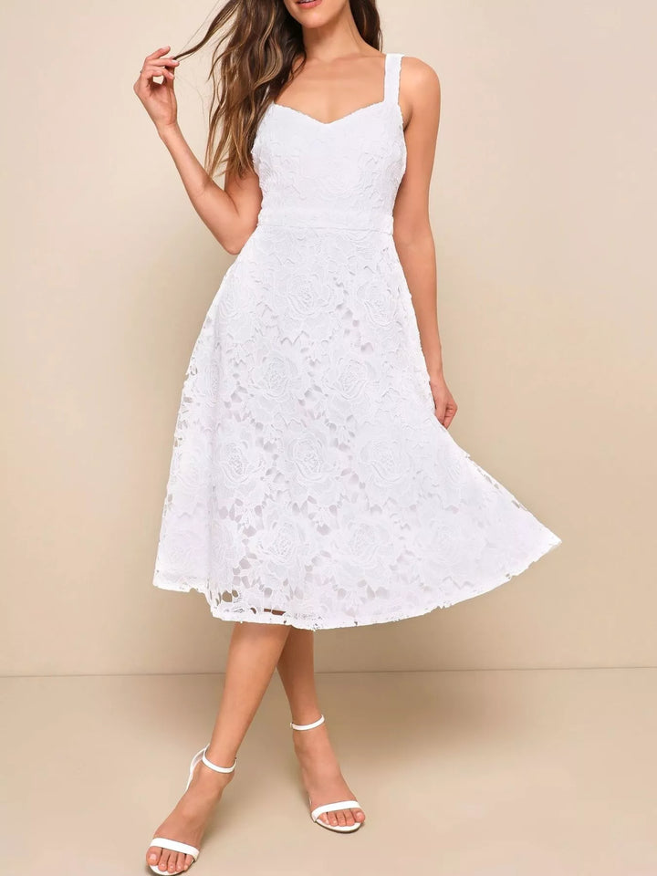 White Floral lace A-line midi dress with sweetheart neckline