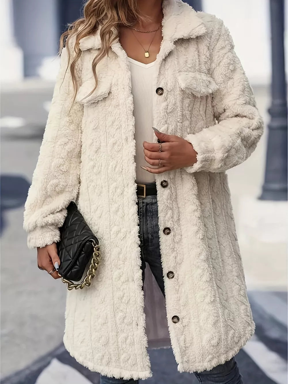 Cream Fuzzy textured fleece longline button-up coat