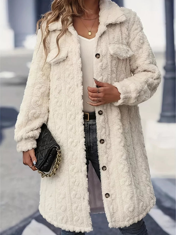 Cream Fuzzy textured fleece longline button-up coat