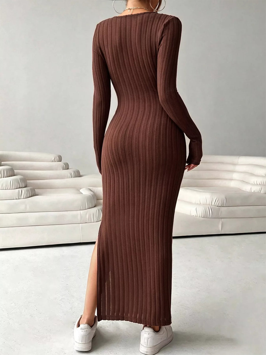 Ribbed knit maxi dress with surplice V-neck and side slit