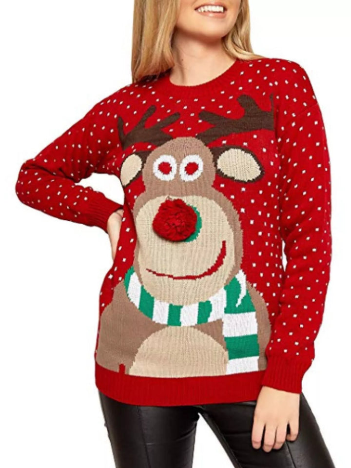 Reindeer graphic knit Christmas sweater with pom-pom nose