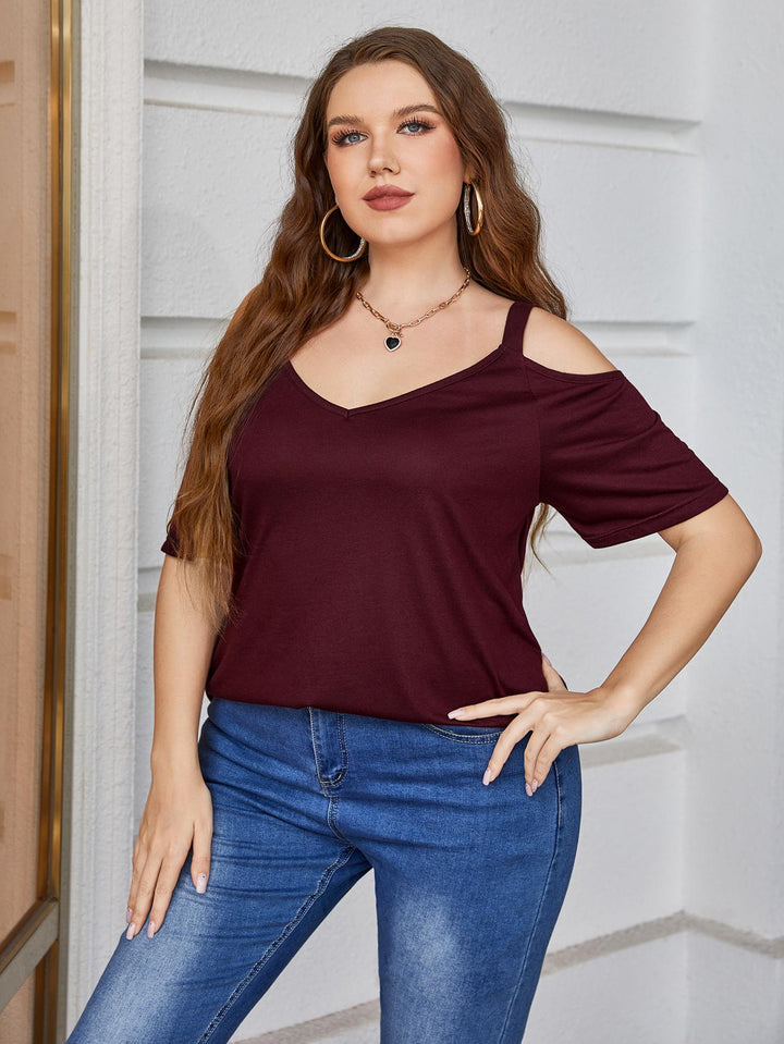 Burgundy Plus size cold-shoulder V-neck short sleeve top