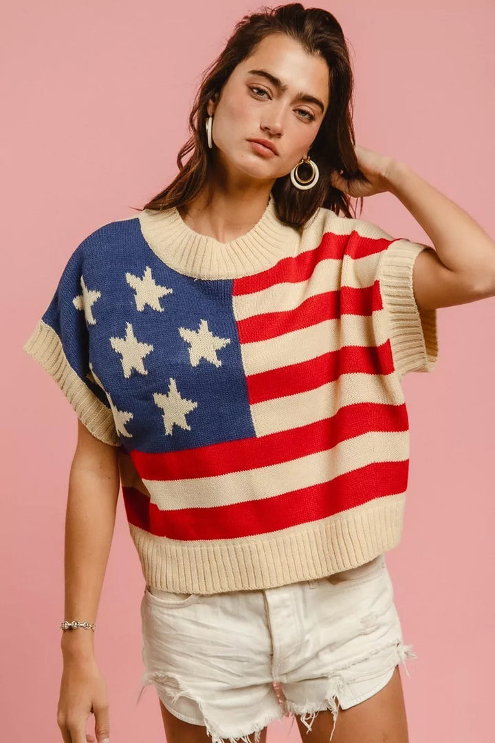 American flag sleeveless knit sweater top