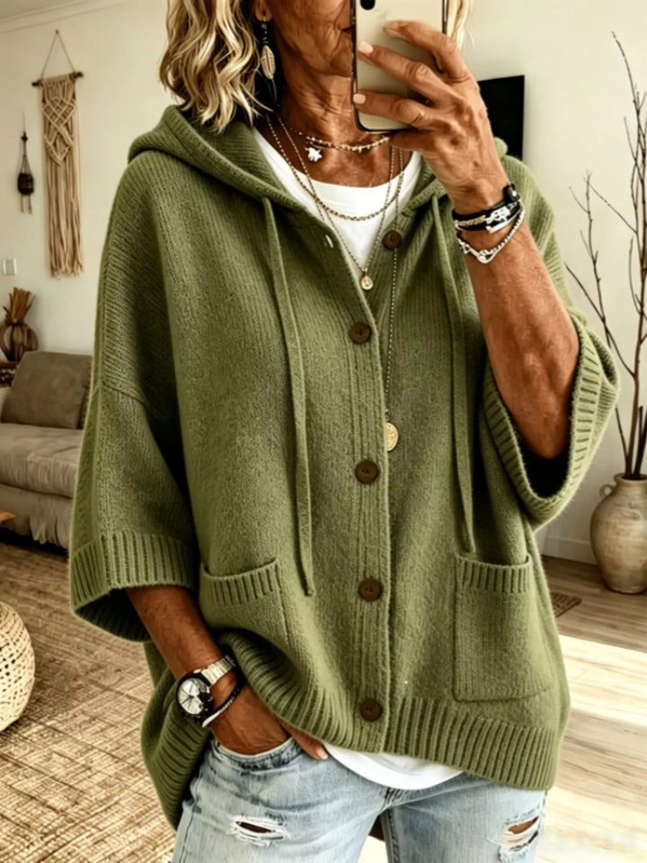 Army Green Hooded button-down knit cardigan with patch pockets