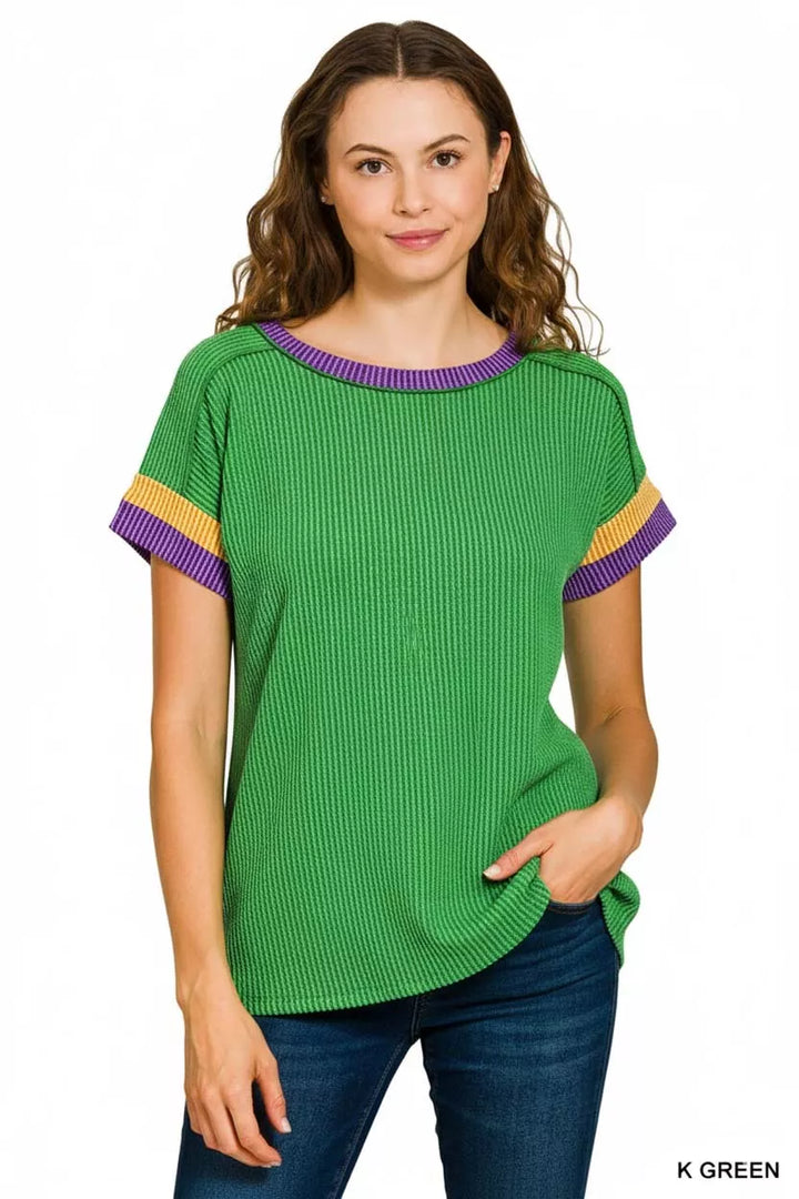 K GREEN Ribbed knit tee with contrast trim collar and sleeves