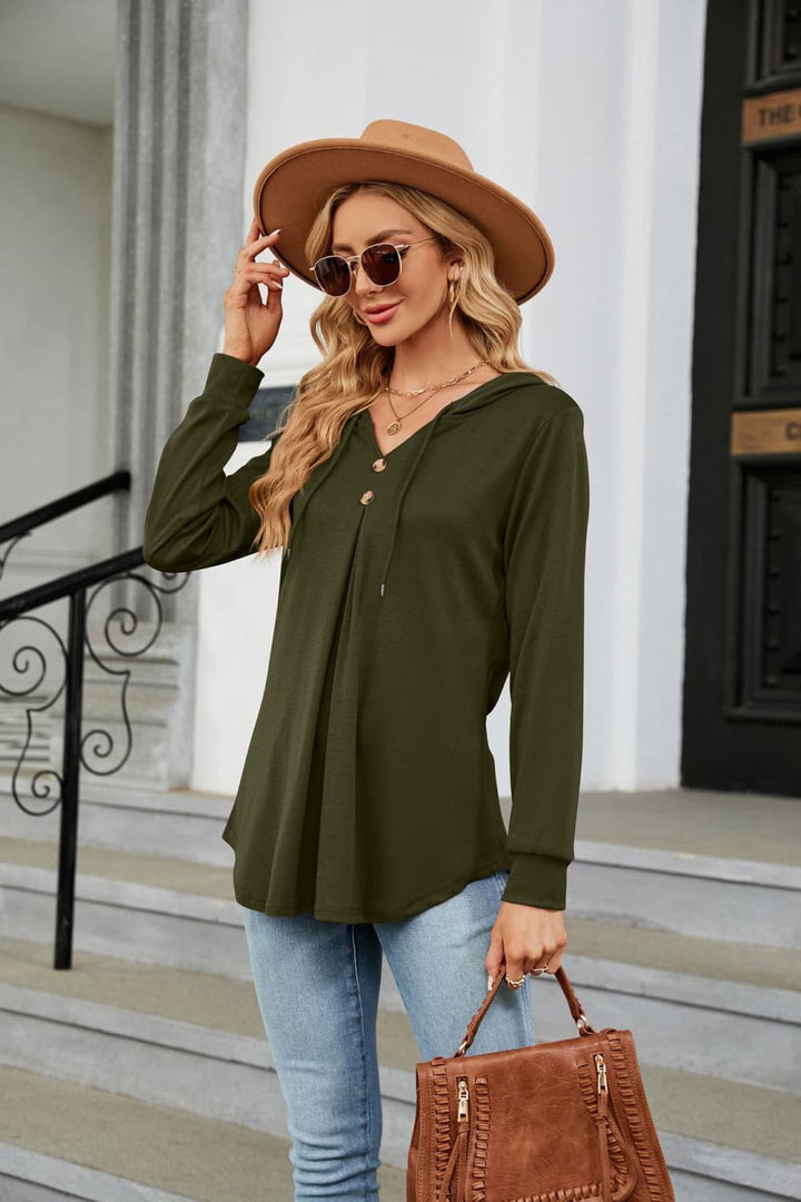 Hooded drawstring tunic blouse with button placket