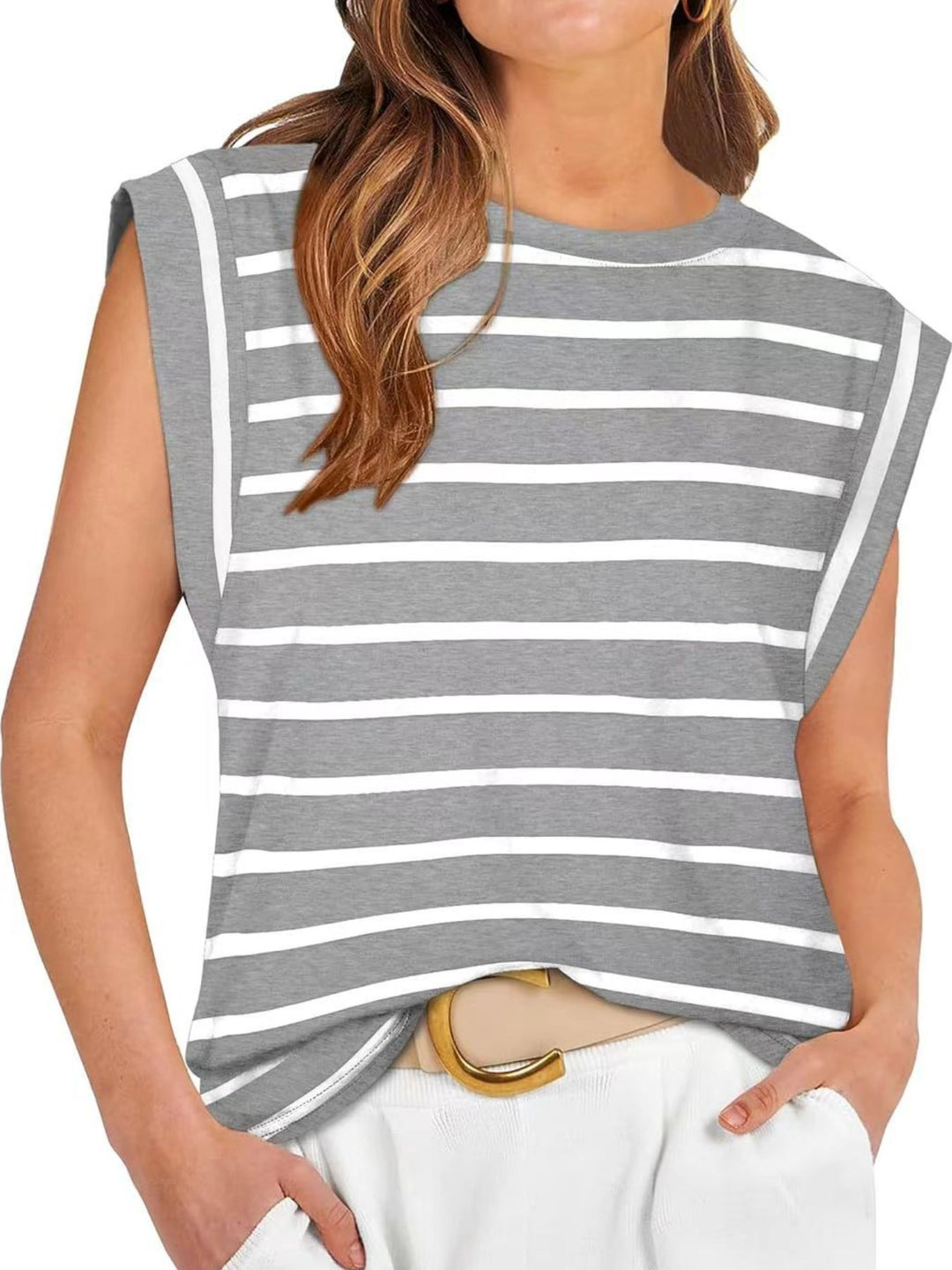 Gray Striped cap-sleeve crew neck muscle tank top