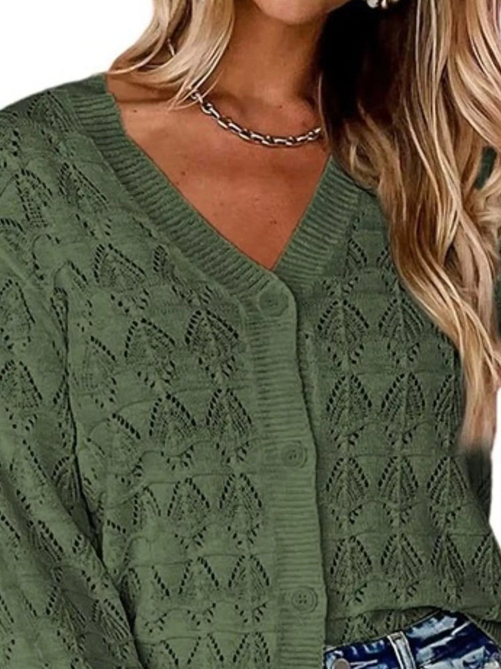 Pointelle openwork V-neck button-down knit cardigan