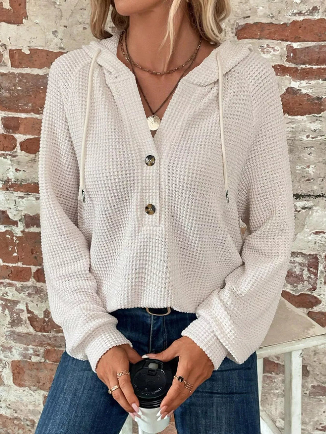 Waffle knit button-front hoodie with drawstring hood