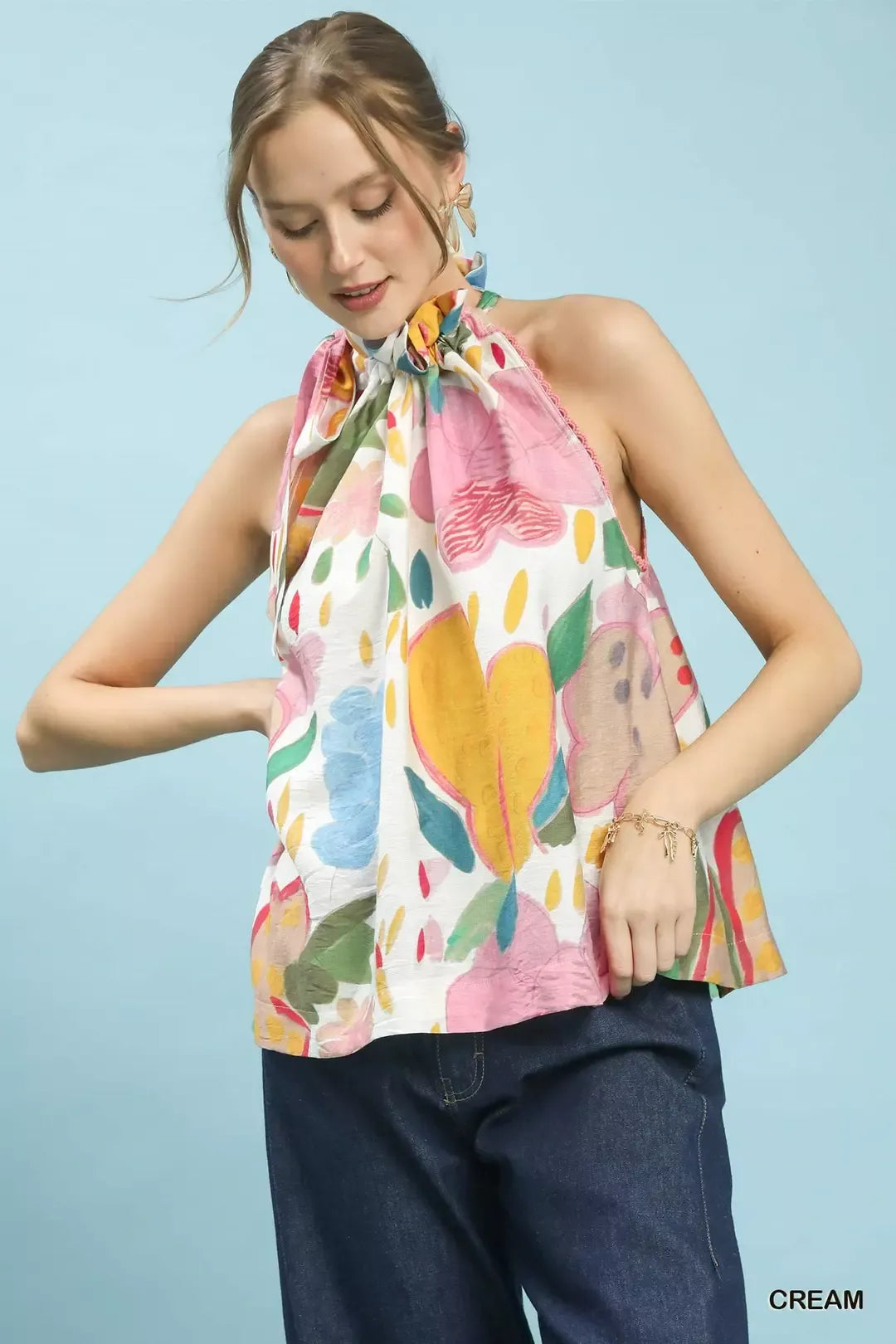 CREAM Painted floral halter tie-neck boho top with lace trim