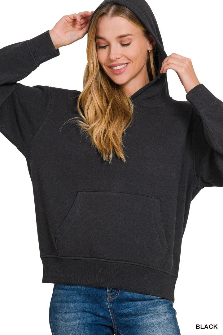 Fleece pullover hoodie with kangaroo pocket and ribbed hem
