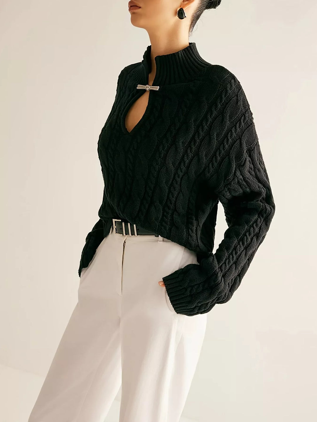 Cable-knit mock neck sweater with keyhole cutout