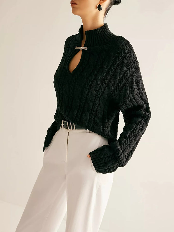 Cable-knit mock neck sweater with keyhole cutout