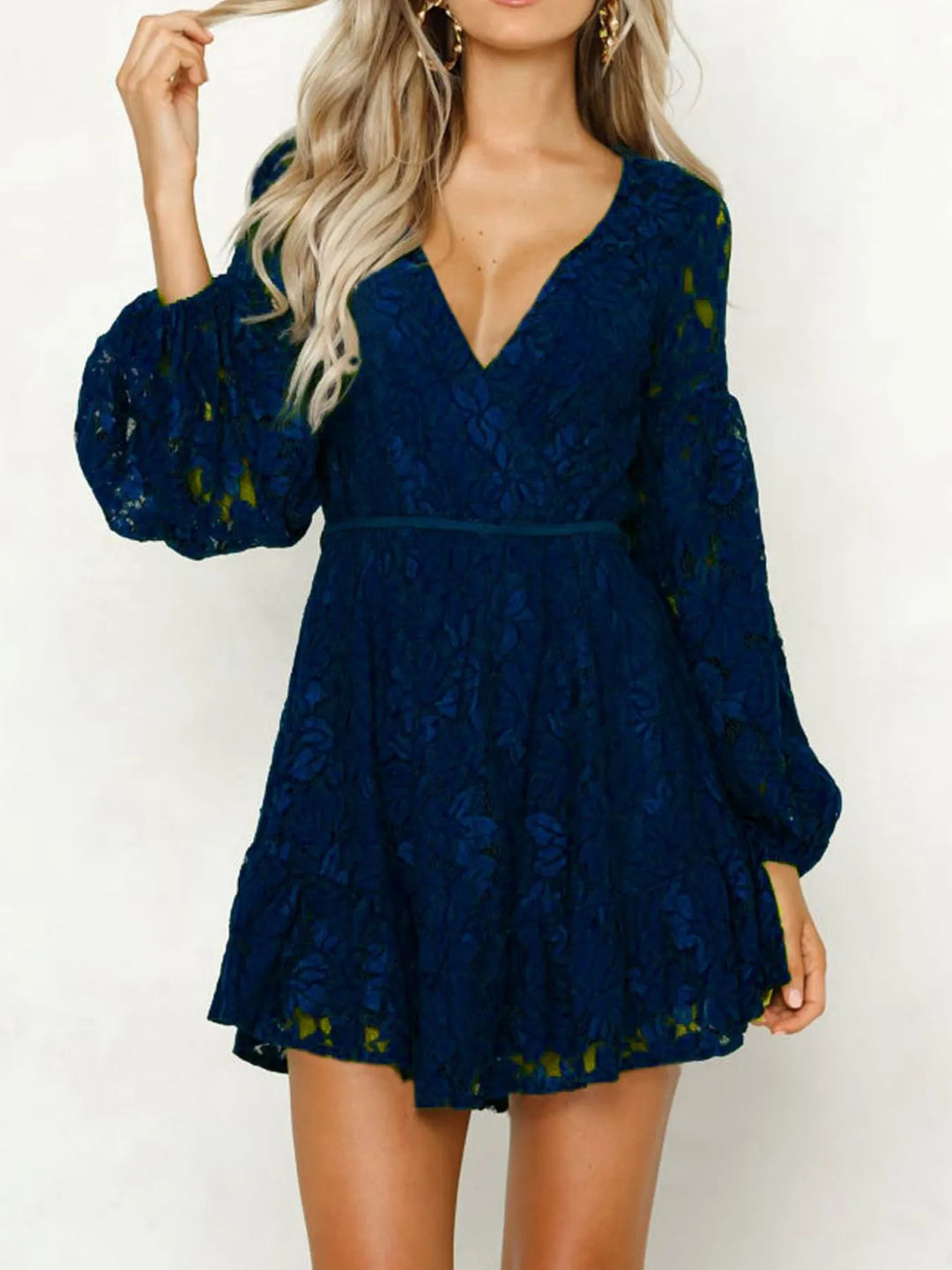 Dark Blue Floral lace V-neck long sleeve mini dress