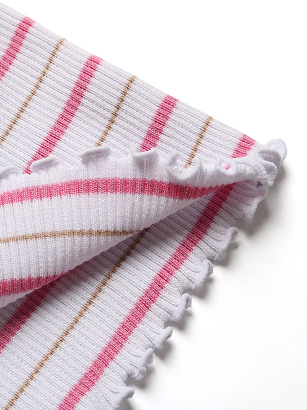 Ribbed striped tube top with lettuce-edge trim