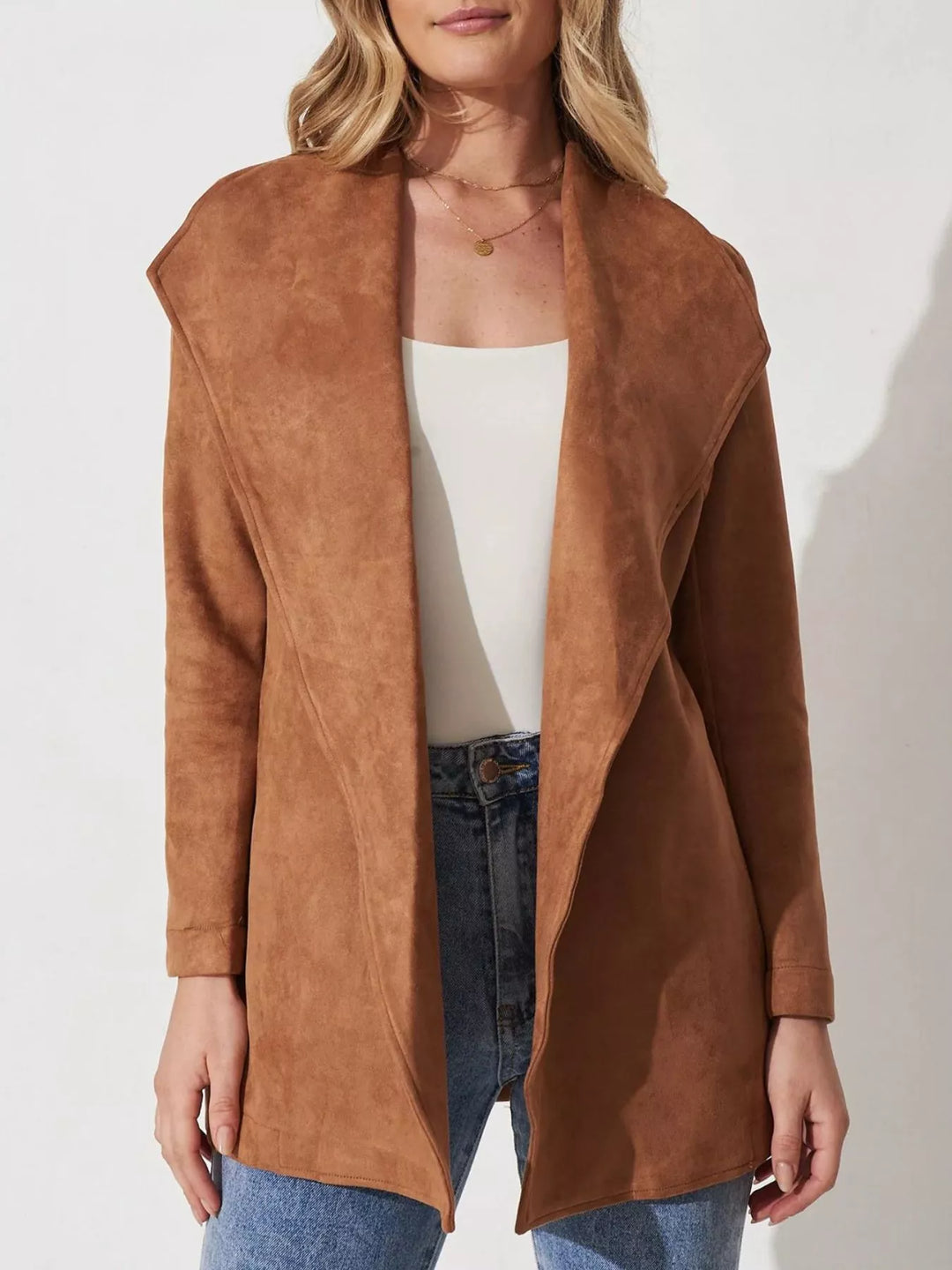 Bronze Faux suede waterfall collar jacket with tie belt