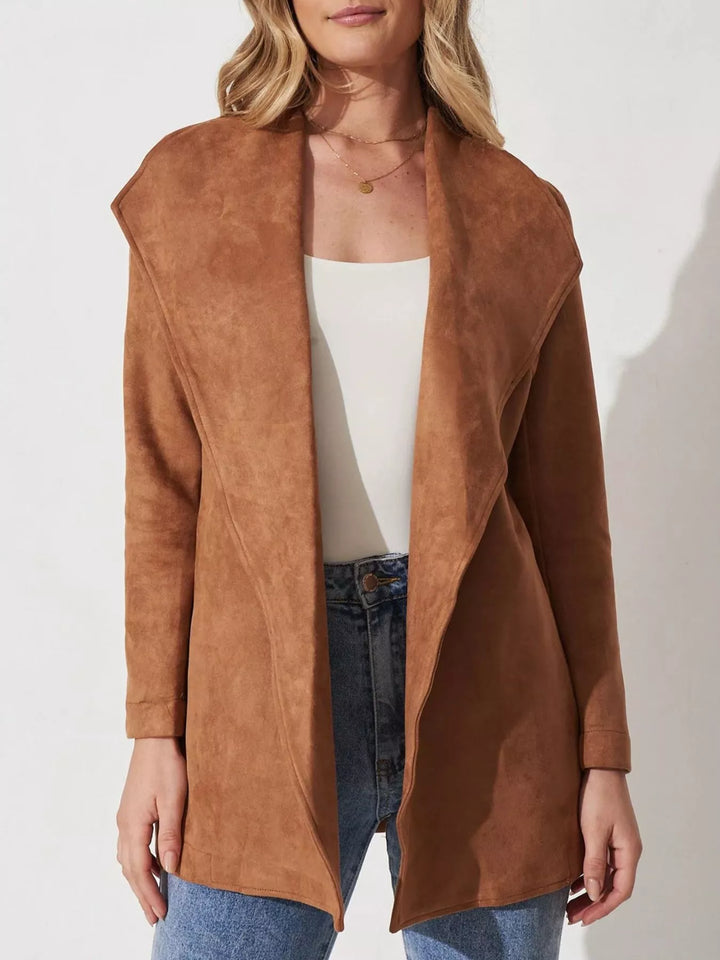 Bronze Faux suede waterfall collar jacket with tie belt