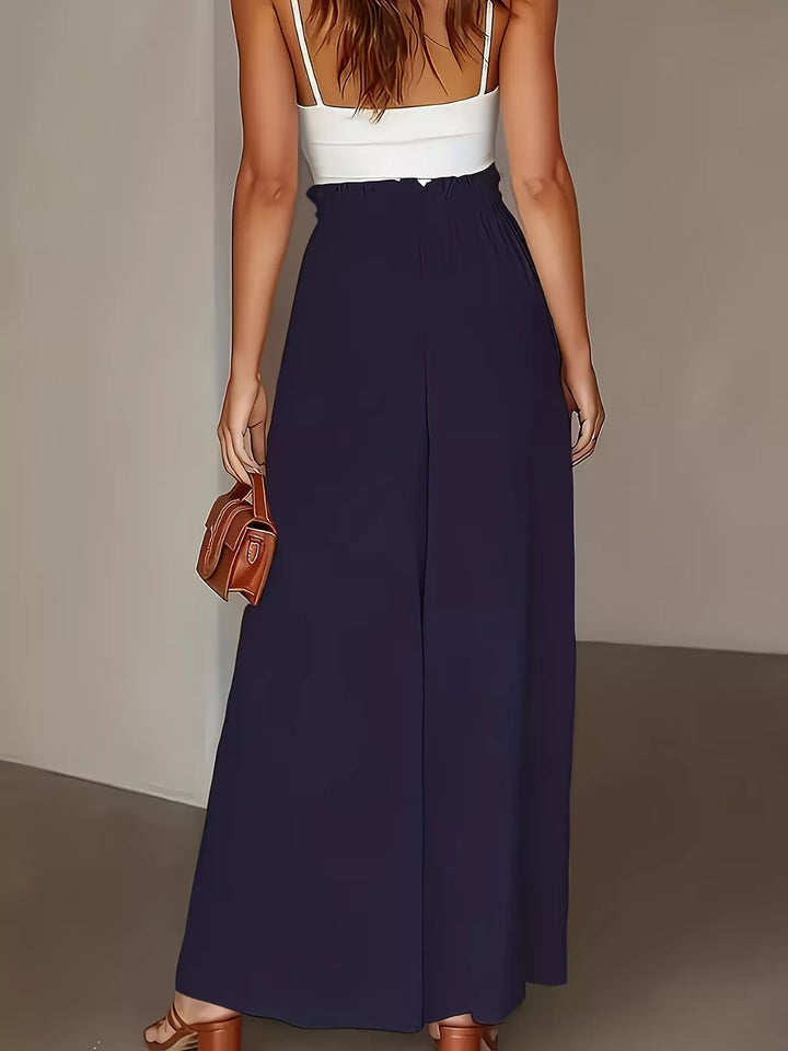 High-rise paper bag wide-leg pants with button front