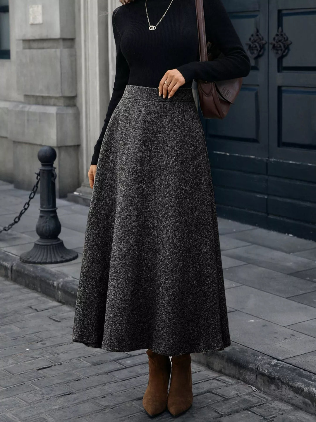 High-waist A-line midi skirt with side pockets