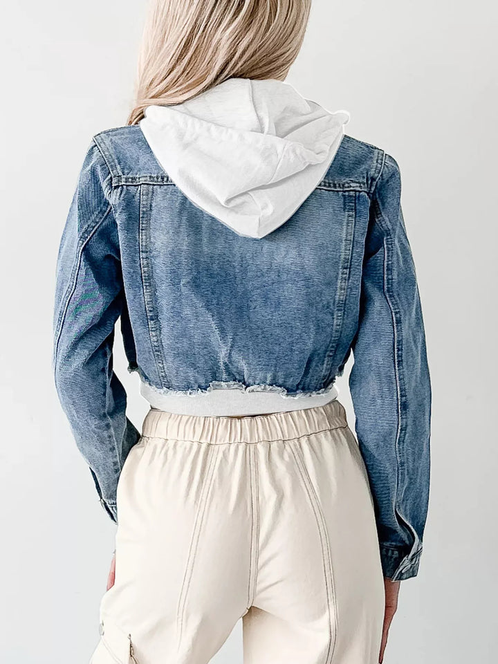 Distressed cropped hooded denim jacket with zip front