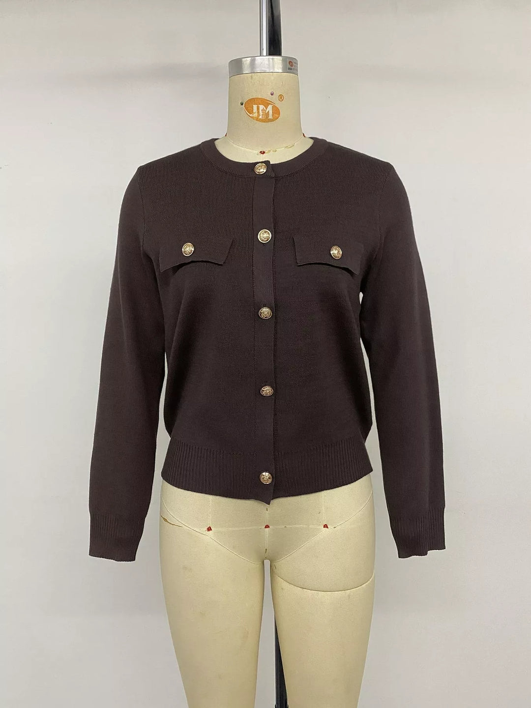 Gold-button knit cardigan with flap chest pockets