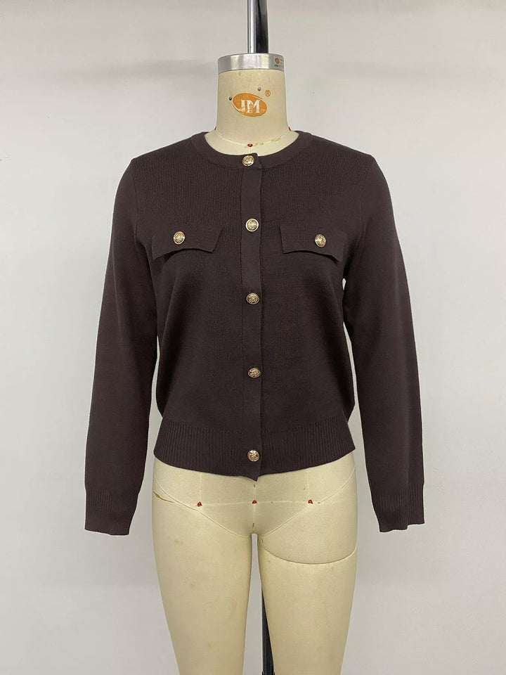 Gold-button knit cardigan with flap chest pockets