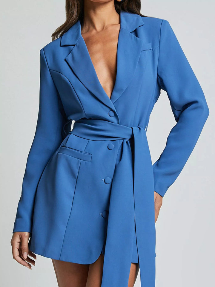 Royal Blue Tie-waist blazer dress with notch lapel and side slit