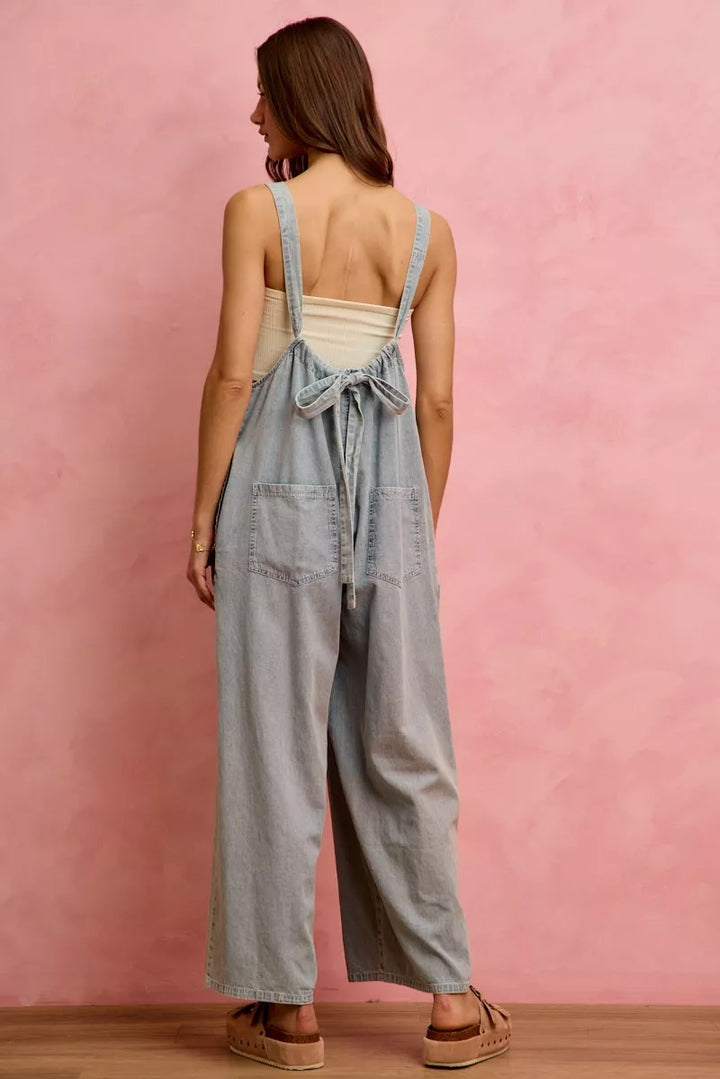 Wide-leg lightweight denim overalls with side pockets