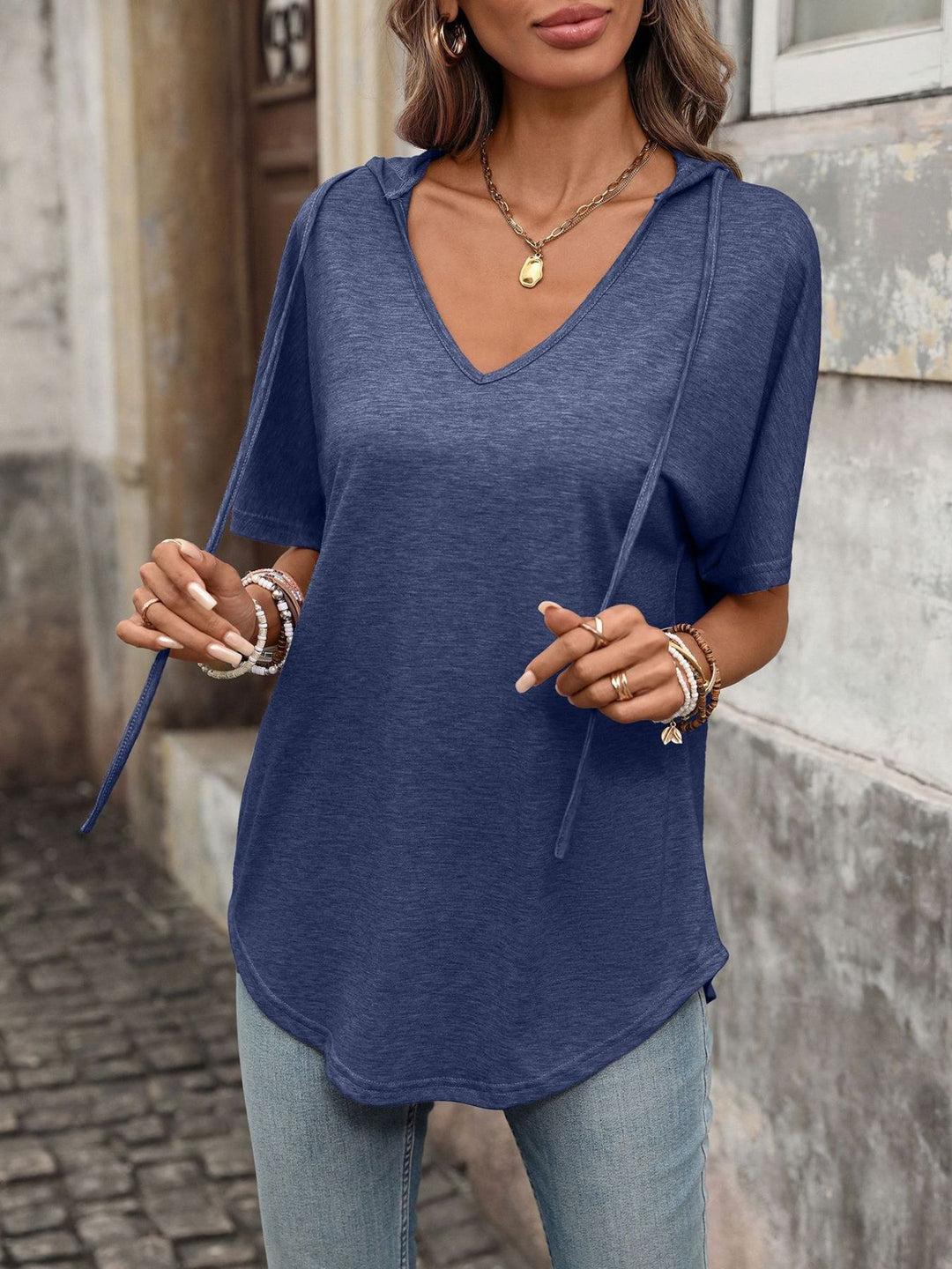 Hooded short sleeve tee with drawstring V-neck