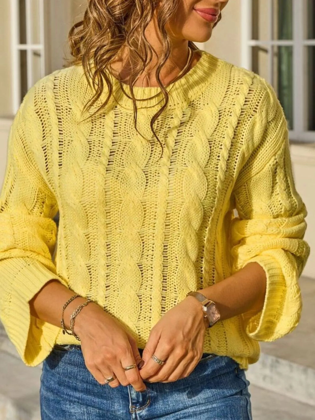 Openwork cable knit long sleeve crew neck sweater