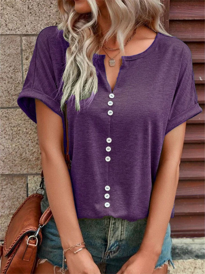 Purple Decorative button-front notch neck short sleeve tee
