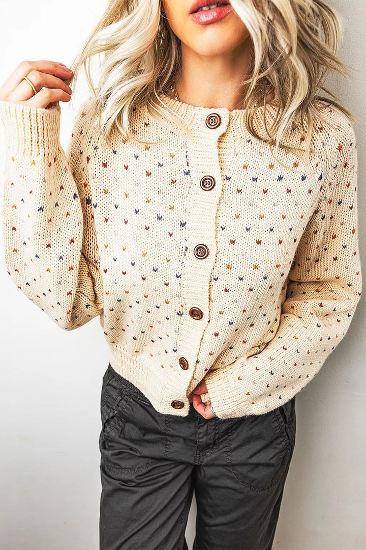 Speckled dot knit button-front cardigan with balloon sleeves