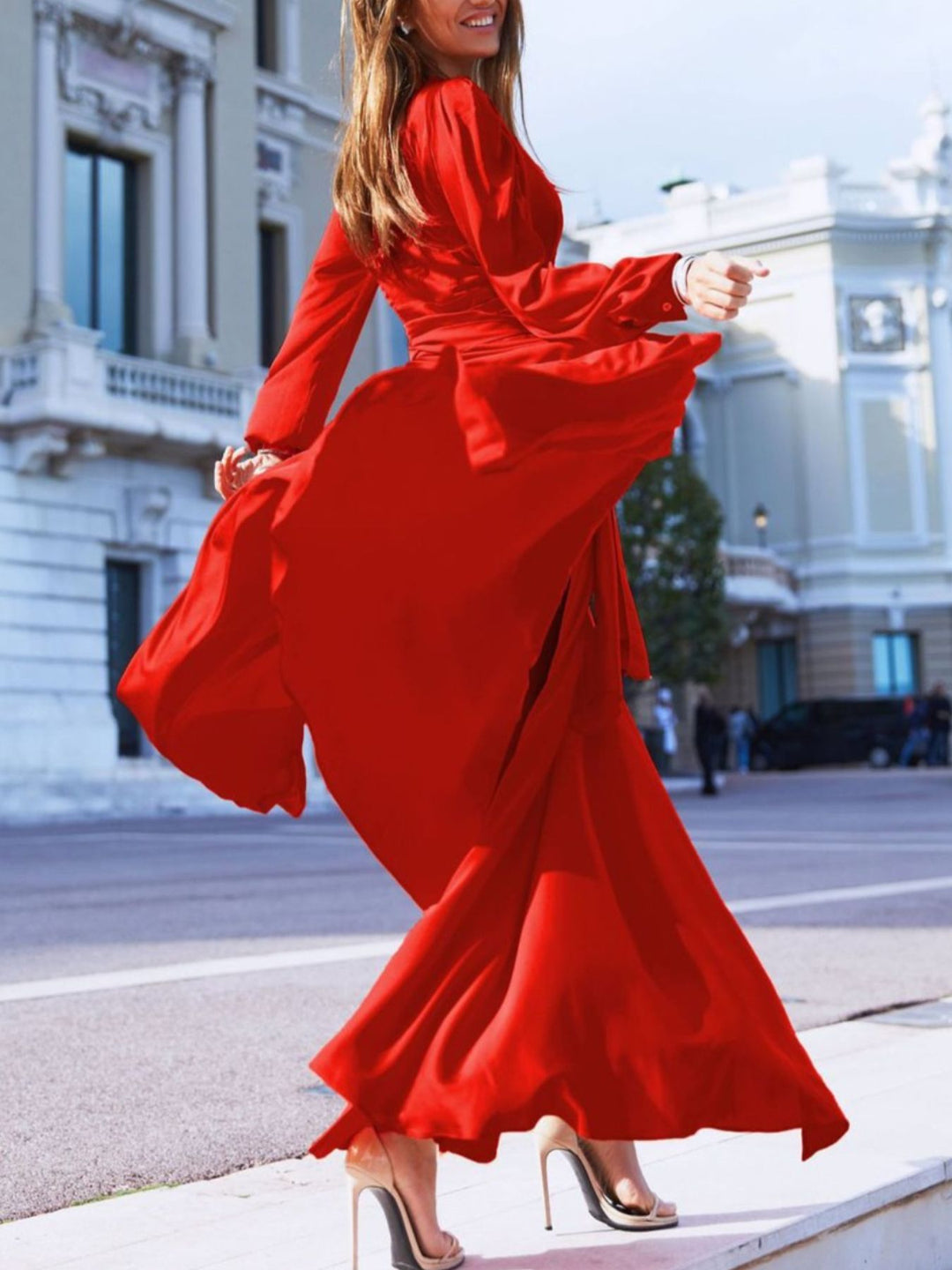 Satin surplice V-neck maxi dress with high slit